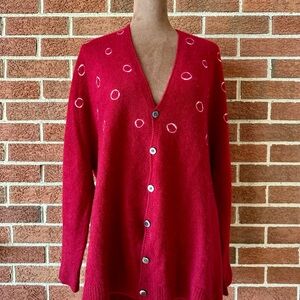 Suzusan Knit Wool Cardigan Sweater Red Polka Dot Button Long Sleeve, Size S